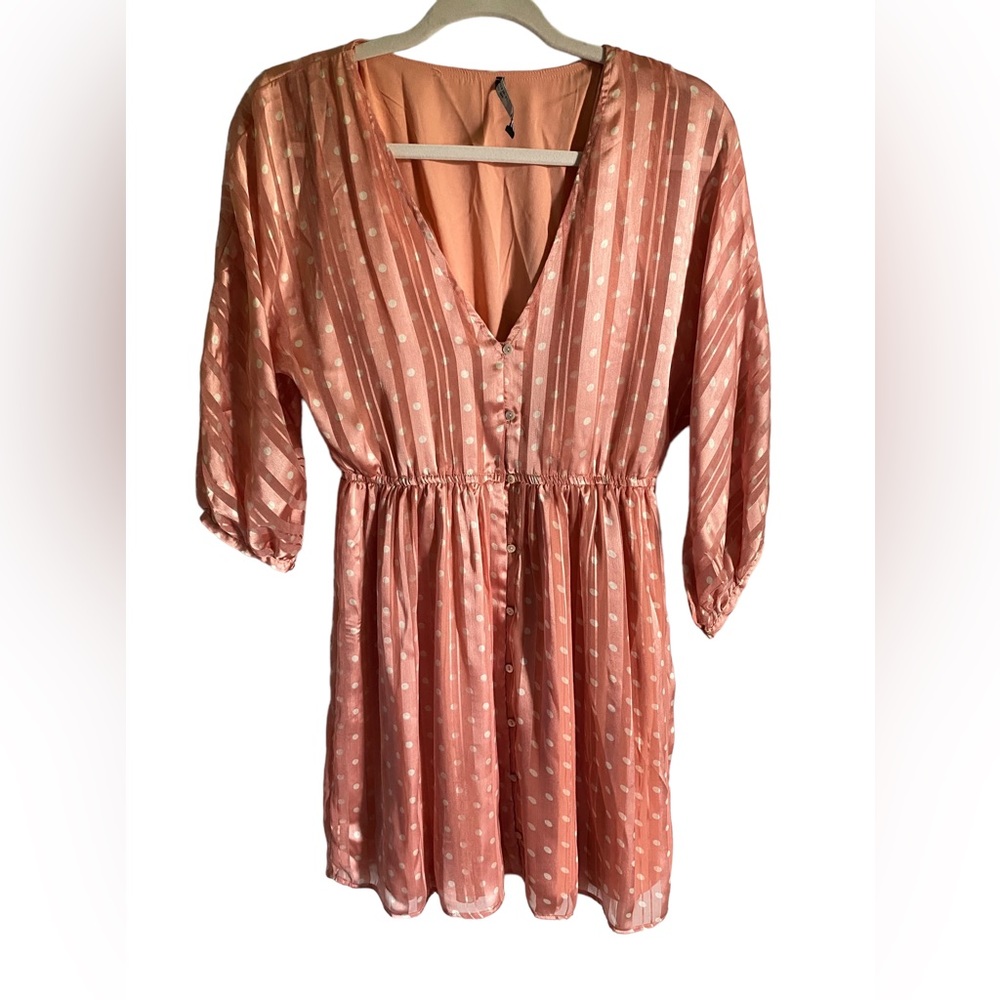 Zara | Small Coral Silky Pleated Polka Dot Dress - Picture 5 of 9